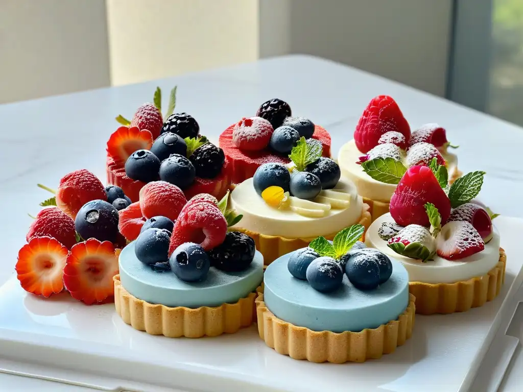 Armonía de tartas sin horno fáciles deliciosas, decoradas con frutas y flores sobre mármol brillante, con luz natural