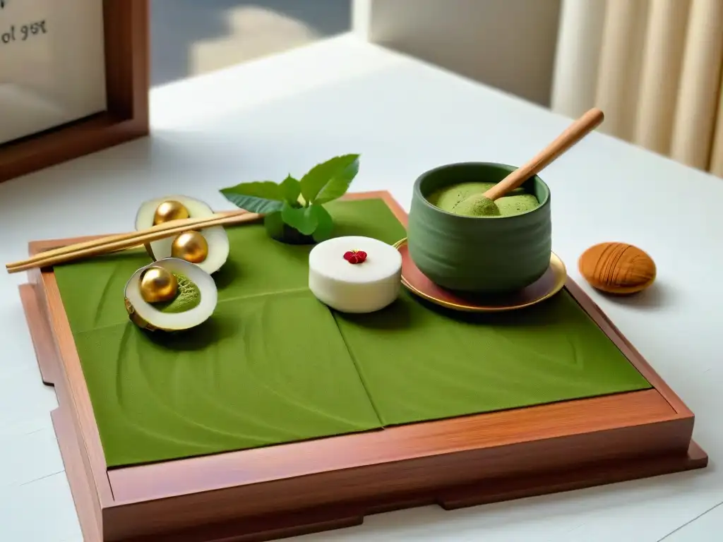 Armoniosa ceremonia del té con cuenco y té matcha, dulces japoneses y batidor de bambú