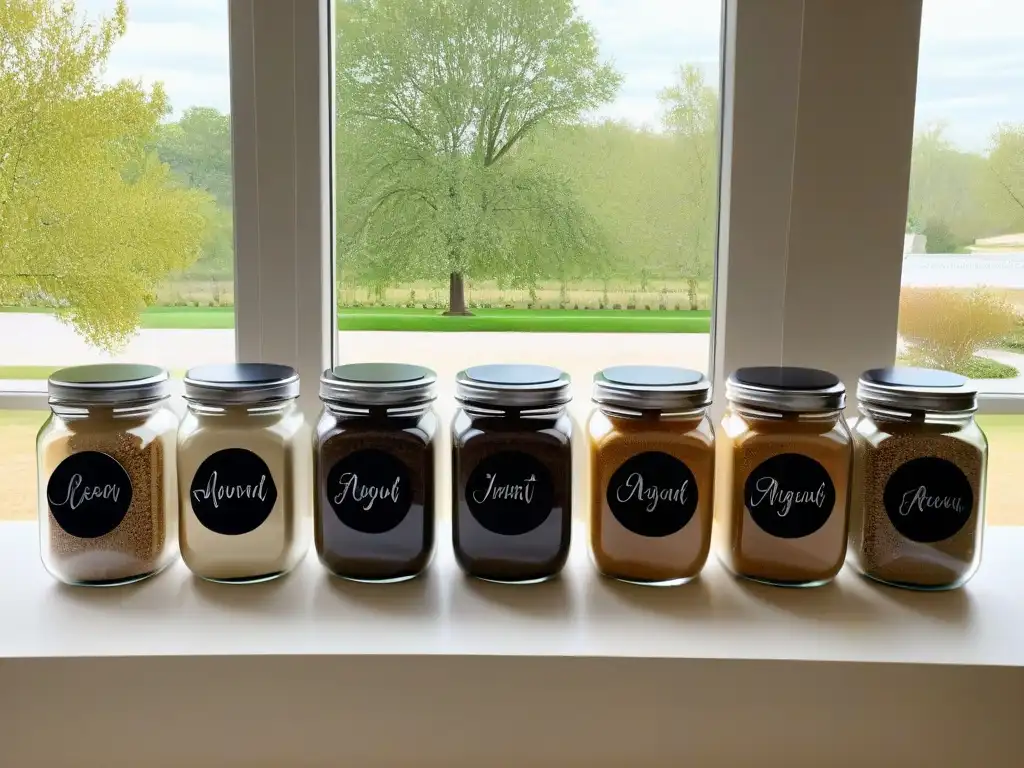 Armoniosa cocina con harinas alternativas orgánicas para recetas veganas en tarros de cristal etiquetados elegantemente