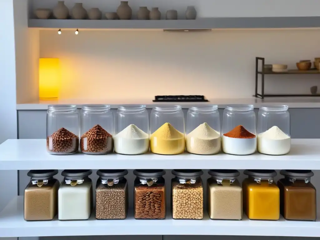 Armoniosa cocina minimalista con sustitutos veganos para repostería en envases modernos, iluminada naturalmente