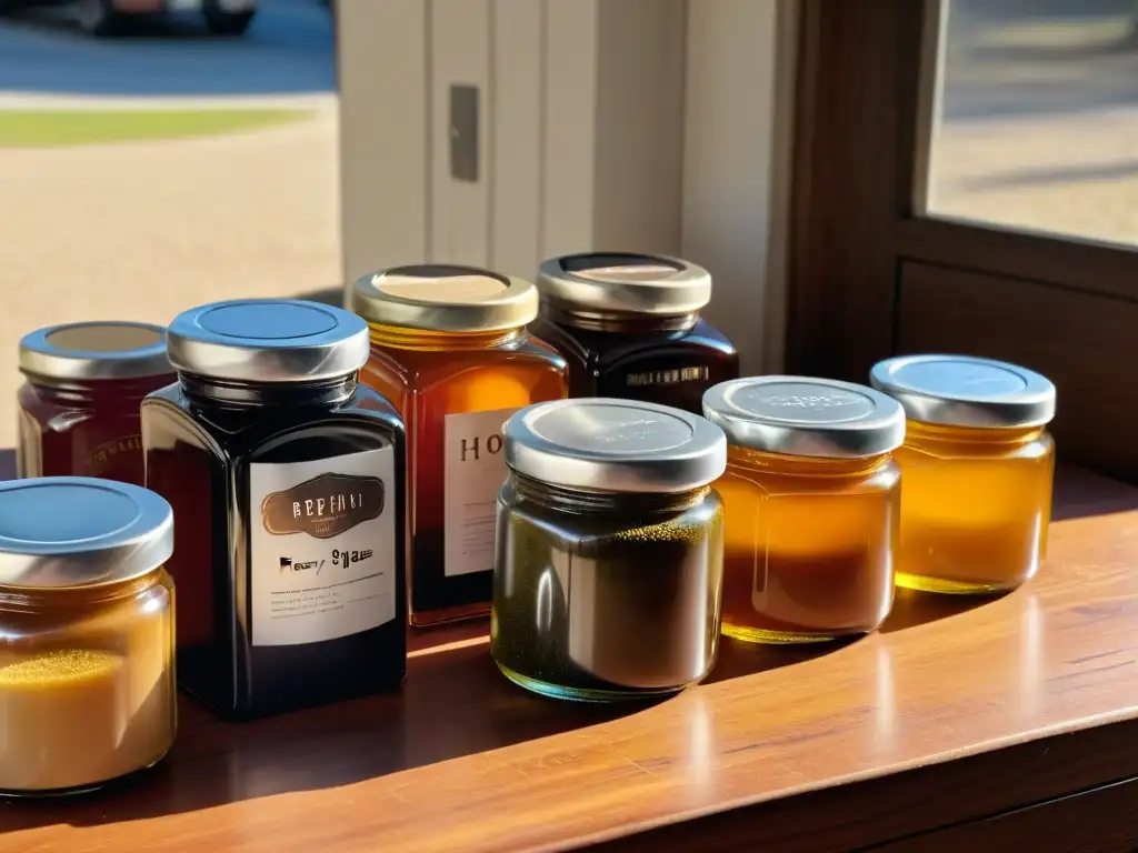 Selección de edulcorantes naturales en frascos de vidrio Una armoniosa composición de endulzantes naturales para repostería, iluminados por la suave luz natural en un ambiente cálido y auténtico