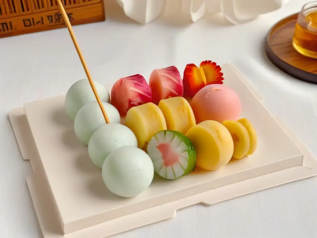 Armoniosa presentación de dango japonés casero en colores pastel sobre plato cerámico, fondo de bambú