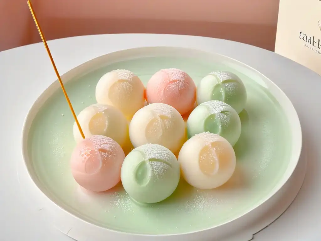 Armoniosa presentación de dango japonés casero con glaseado traslúcido en tonos pastel, una receta auténtica y delicada