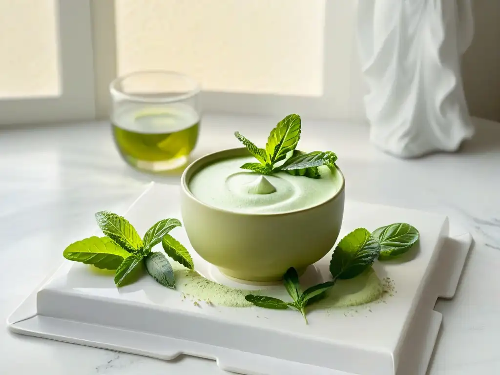 Armoniosa escena de una taza de té blanco con repostería de stevia rodeada de hojas verdes