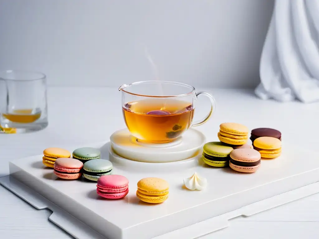 Armoniosa mezcla de té y postres: elegante set de té con macarons coloridos en mármol blanco