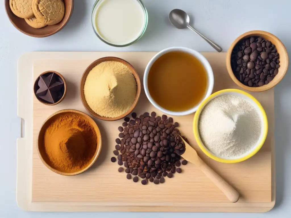 Arreglo meticuloso de ingredientes para galletas veganas en tabla de madera clara
