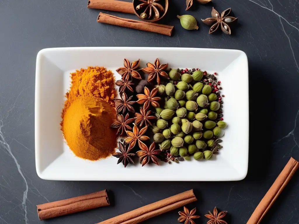 Armonía de especias: sofisticación y elegancia en la cocina Arreglo sofisticado de especias vibrantes y aromáticas sobre encimera de mármol, potenciar sabor postres con especias