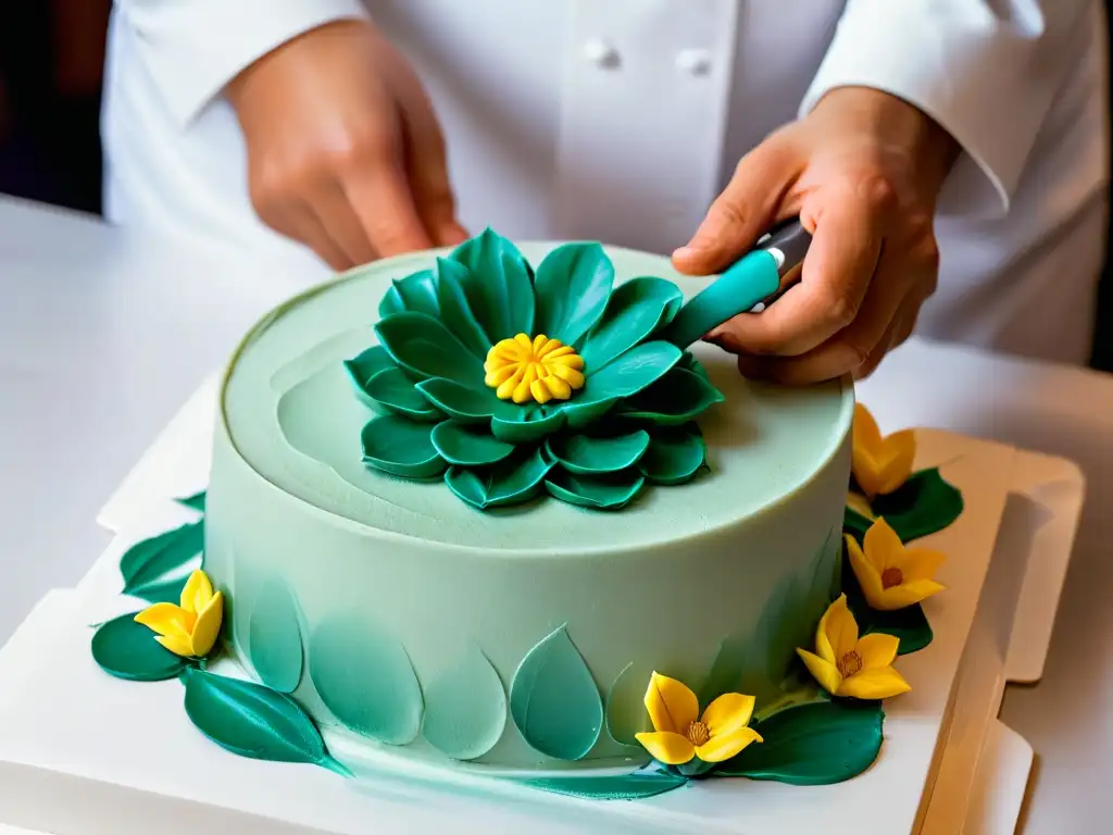 Arte en fondant: Chef crea delicada flor con precisión para postres temáticos en eventos corporativos