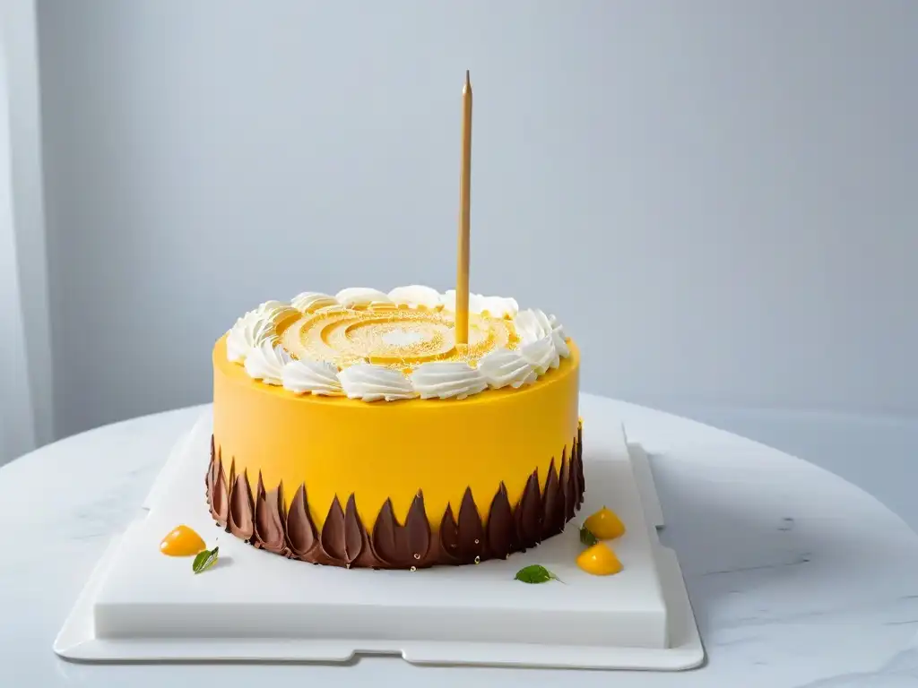 Fusión de arte clásico y repostería actual: una exquisita tarta moderna con detalles inspirados en la antigüedad, sobre mármol blanco