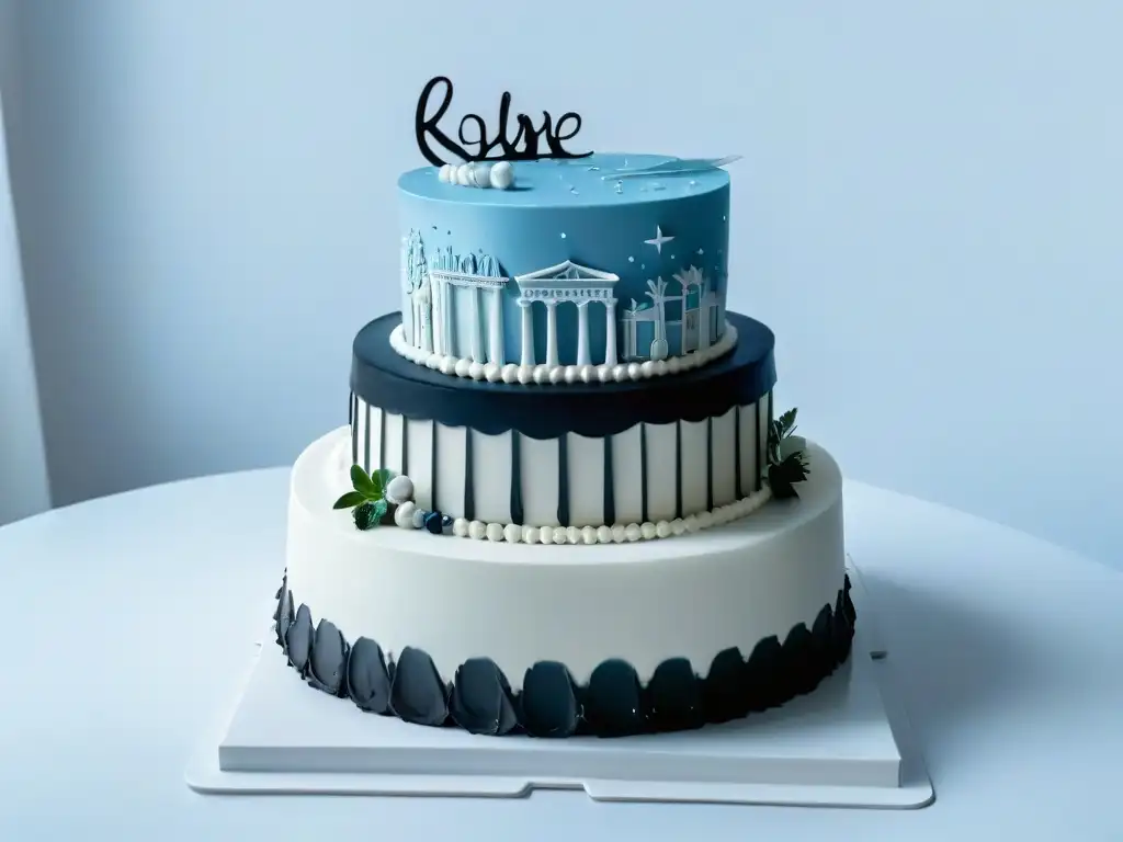 Arte clásico en repostería: elegante pastel de fondant con detalles inspirados en columnas romanas y motivos griegos sobre fondo blanco