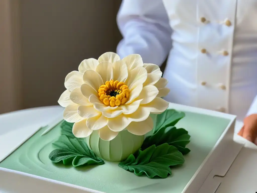 Arte culinario: Detalle de flor de azúcar elaborada con destreza