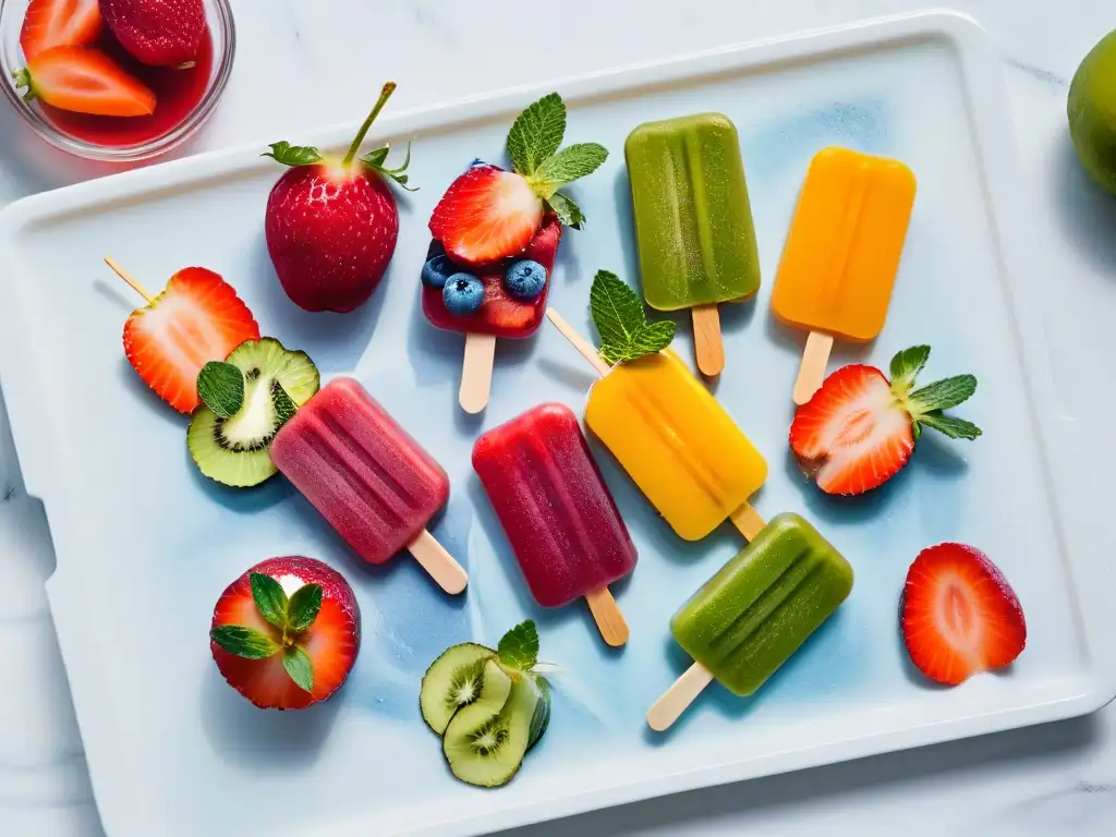 Arte culinario: paletas de agua caseras con frutas y flores en mármol blanco