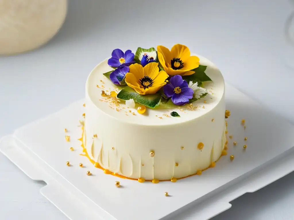 Arte culinario: Pastel decorado con flores comestibles y hojas de oro, muestra eficiencia sostenible en repostería futura