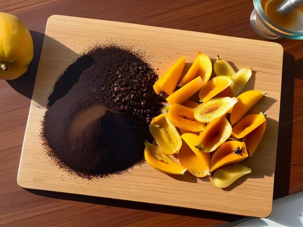 Arte culinario con postres sostenibles y coloridos ingredientes reciclados en una tabla de bambú ecofriendly