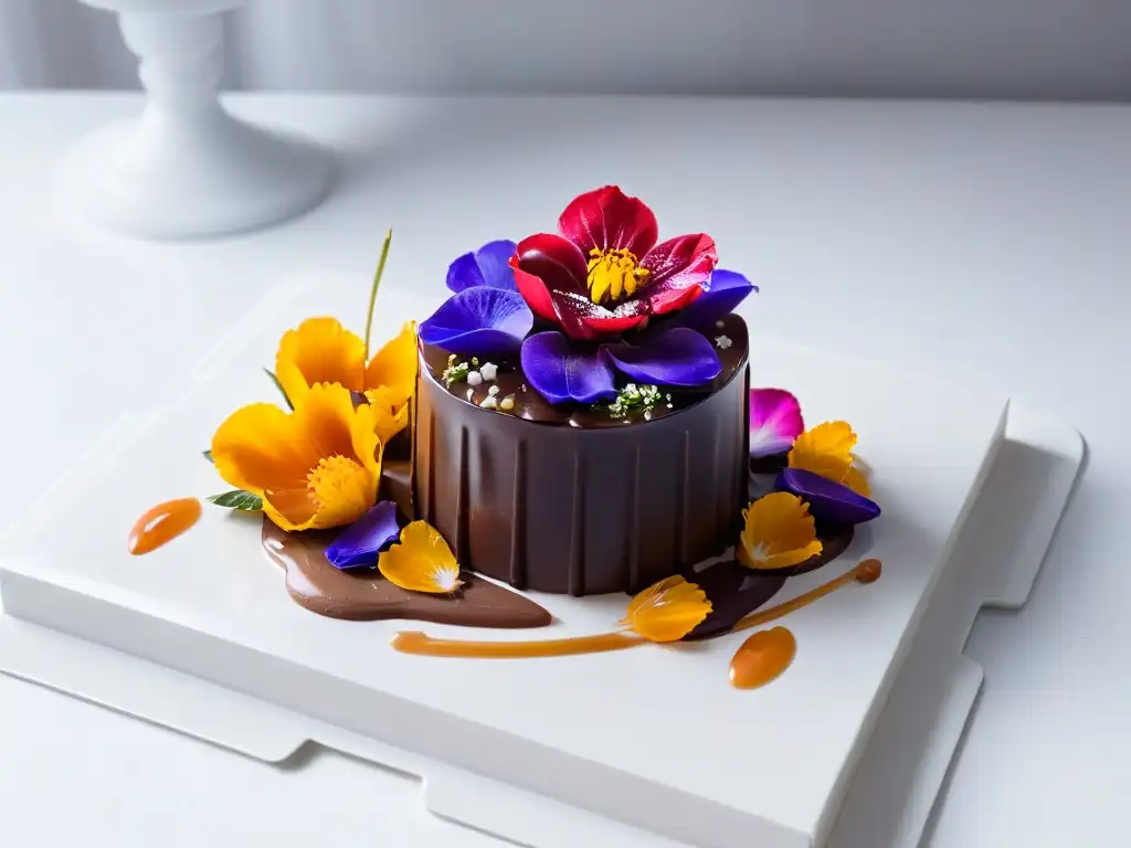 Arte gastronómico: diseño moderno en postres con escultura de chocolate, flores y salsa de caramelo
