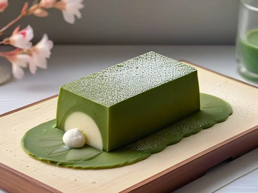 Arte japonés: mochi con polvo de matcha en jardín de sakura