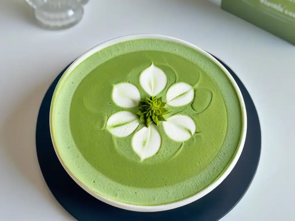 Arte en matcha latte, una obra delicada y detallada con diseño de flor, en taza blanca sobre platillo negro
