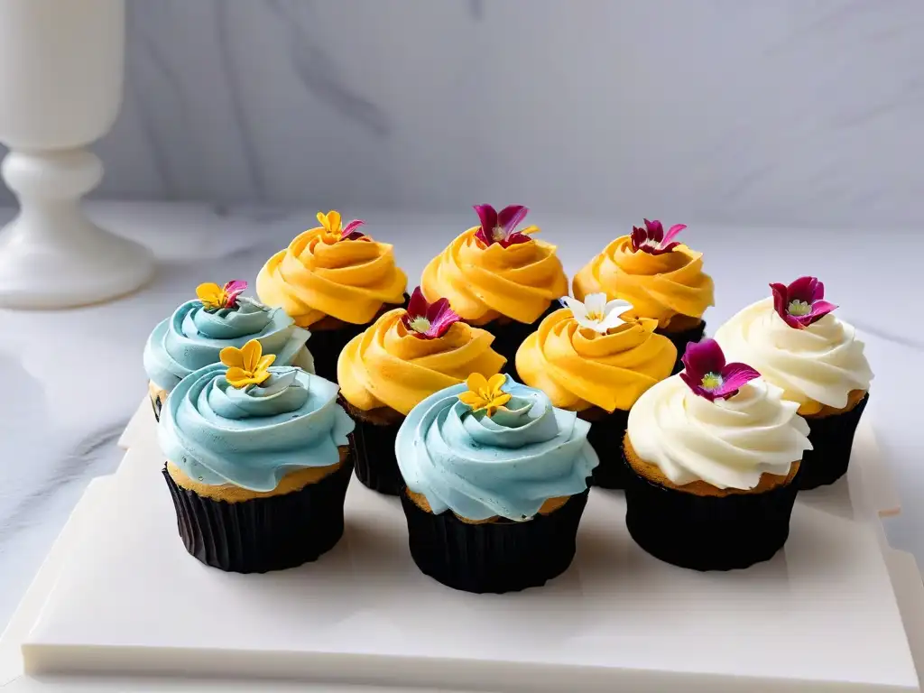 Arte en repostería: cupcakes tendencias de diseño, con decoraciones vibrantes y detalladas, sobre mármol blanco