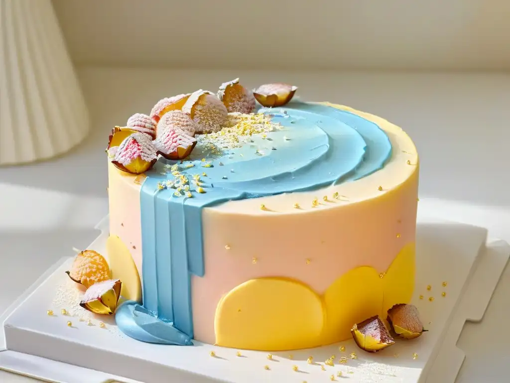 Arte en repostería: equilibrio de sabores y colores en una deliciosa creación con frosting pastel y toques dorados