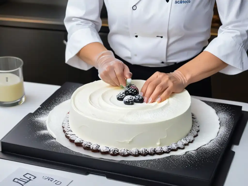 El arte de la repostería sin gluten: manos de panadero creando una delicada pastelería, en elegante ilustración blanco y negro