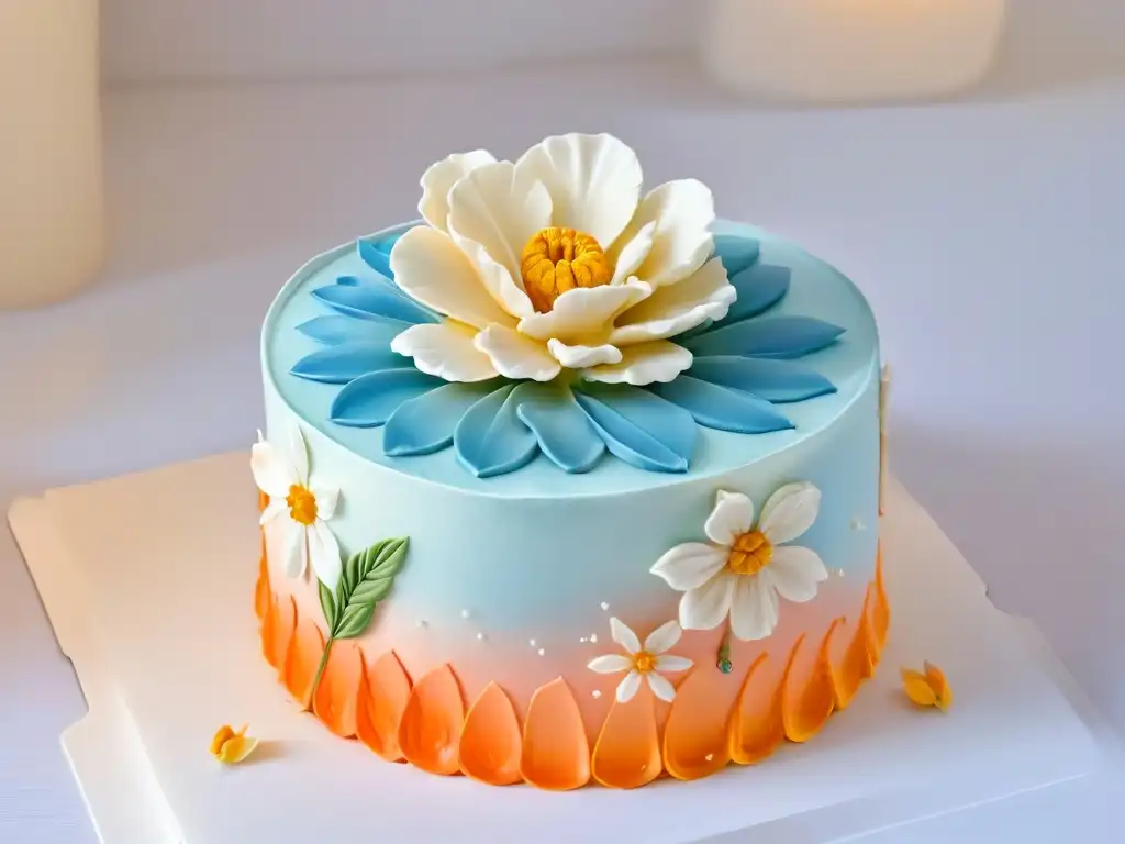 Arte de la repostería tendencias: Detalle de una delicada flor de azúcar sobre un elegante pastel de fondant