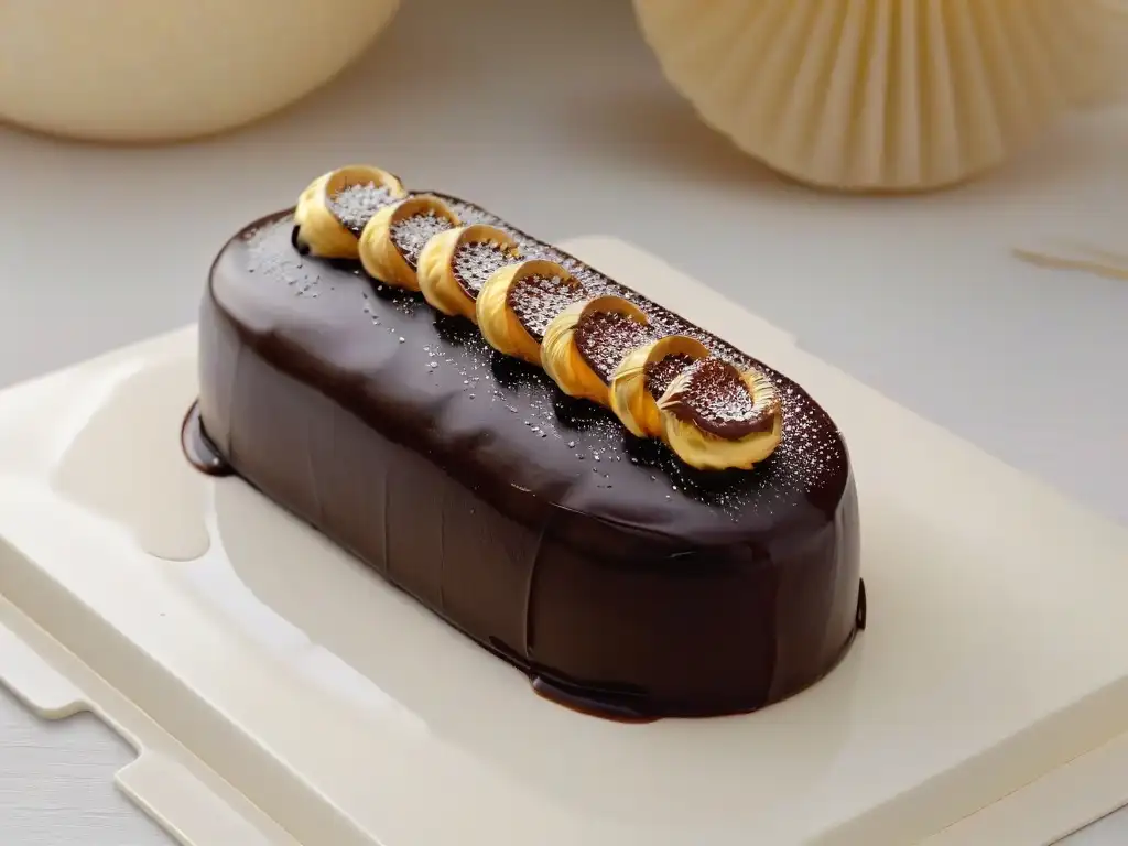 Éclair artesanal con influencia de Gastón Lenôtre: chocolate brillante, crema delicada y hojuelas doradas