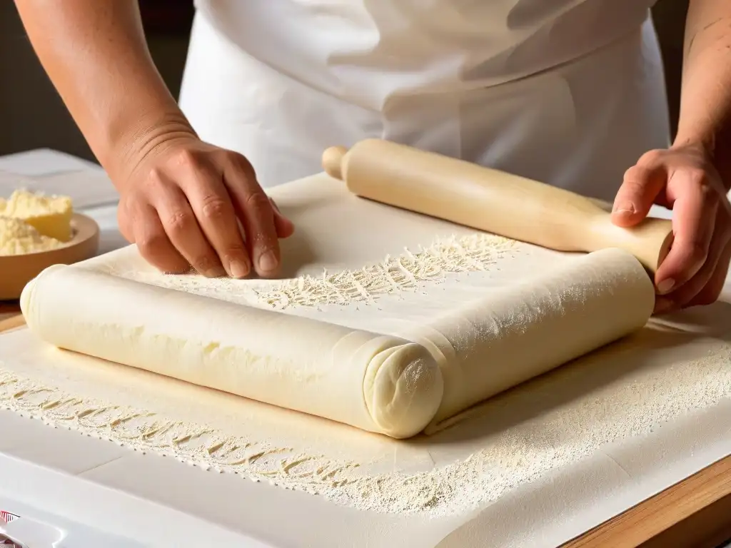 Un artesano de la repostería utiliza rodillos con diseños para repostería en masa de pan