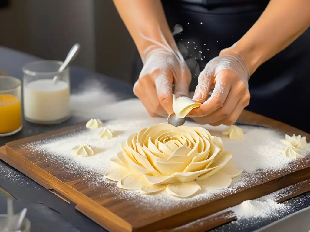 Un artesano de la repostería sostenible forma una rosa con masa sobrante, mostrando detalle y dedicación