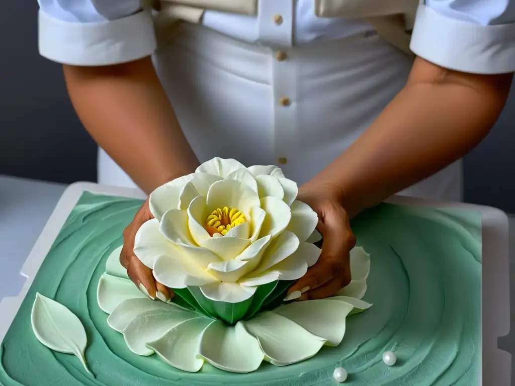 Un artista moldea con destreza una flor de azúcar realista, mostrando los detalles de la escultura paso a paso