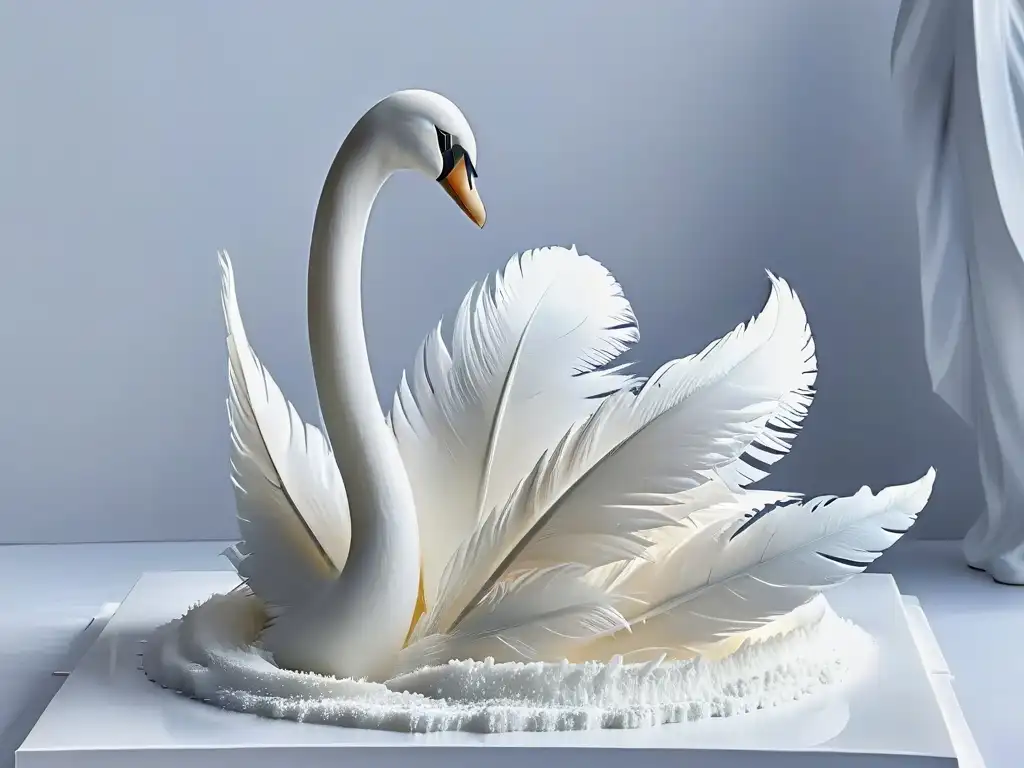 Un artista esculpe con precisión una delicada escultura de azúcar en forma de cisne, con detalles intrincados y realistas