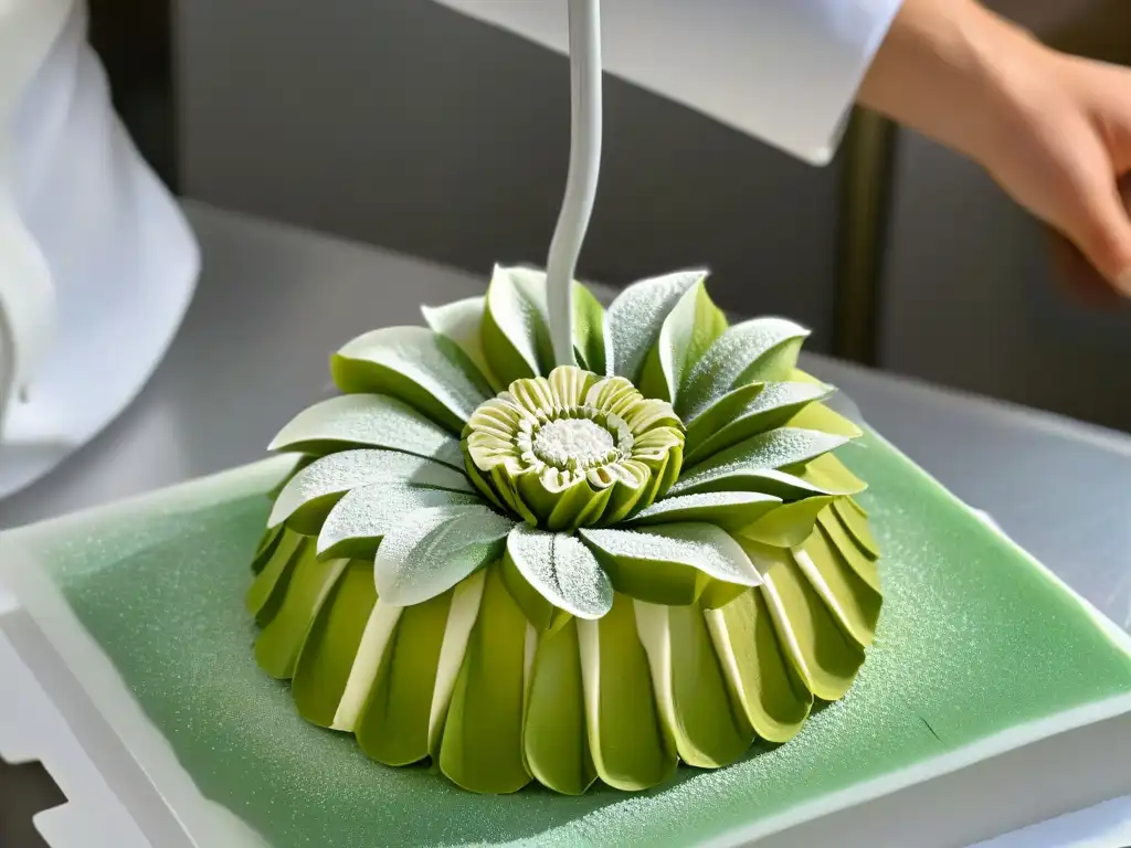 Un artista de la repostería crea con destreza una intrincada flor de azúcar