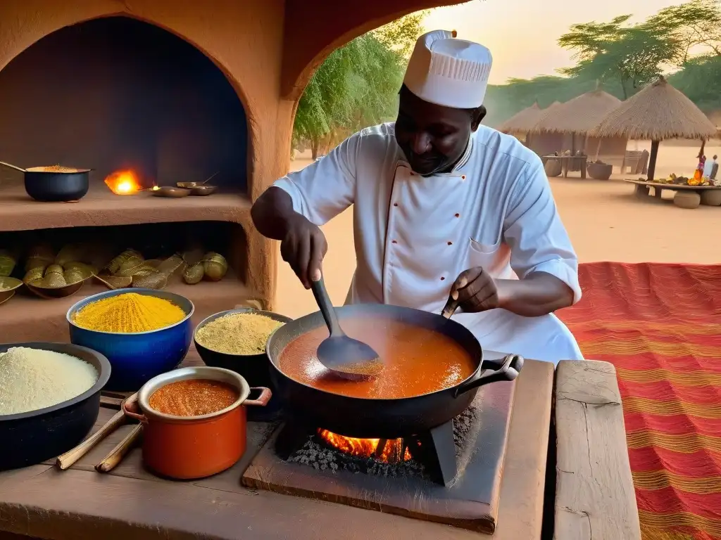 Un atardecer dorado ilumina una cocina senegalesa tradicional donde un chef prepara Thieboudienne dulce receta tradicional