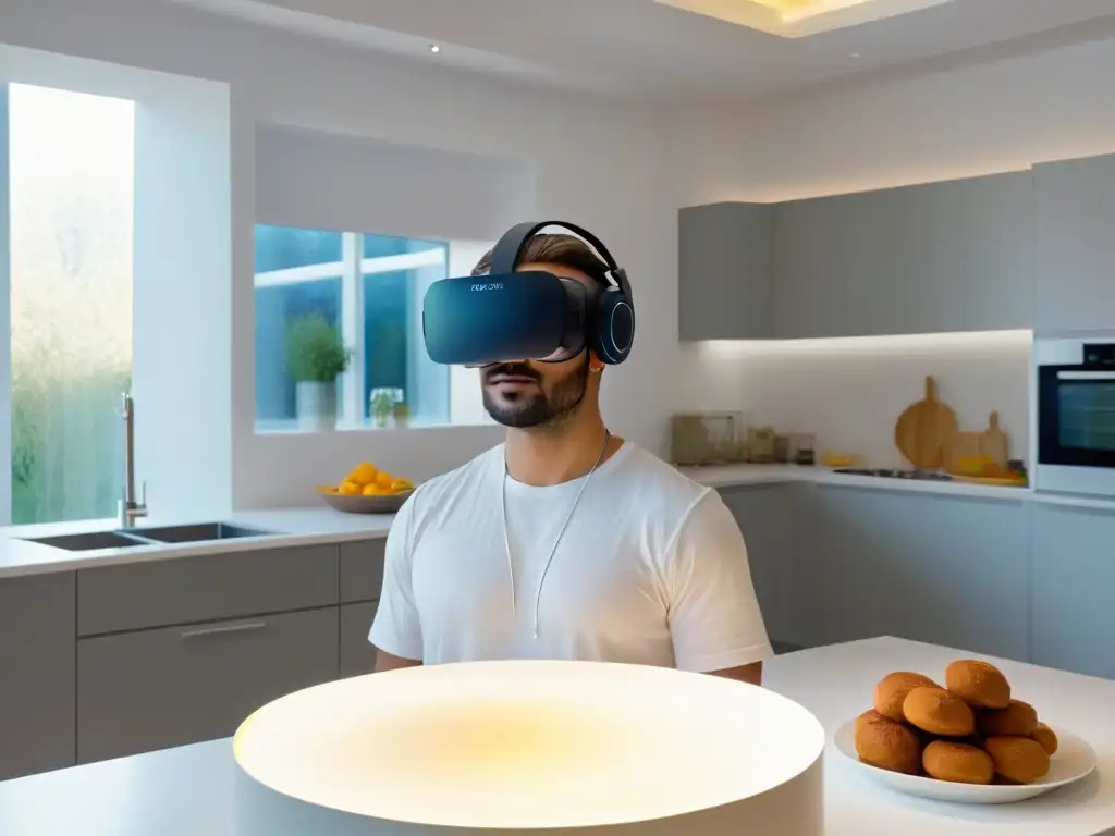 Un auricular de realidad virtual suspendido en el aire, reflejando una cocina futurista