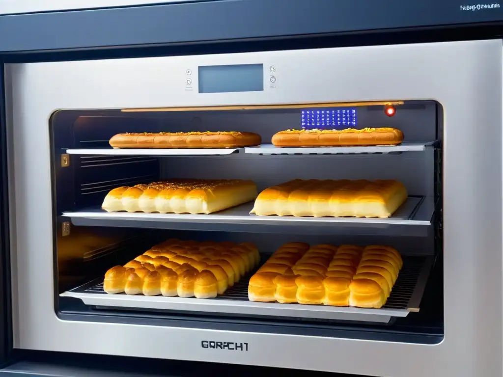 Avances tecnología cocción repostería: Horno futurista horneando exquisitas pastelerías doradas