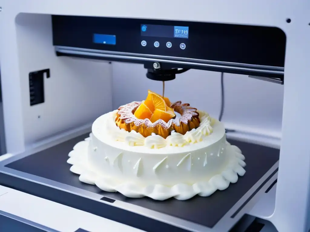 Avanzada impresora 3D para repostería, mejora habilidades con detalles intrincados y diseño futurista