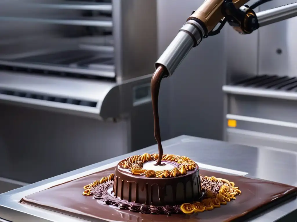 Avanzada tecnología para temperado de chocolate: brazo robótico precisa en movimiento de chocolate líquido caliente