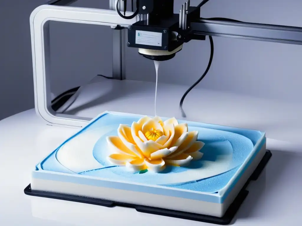 Un avanzado y elegante impresor 3D creando un postre en forma de flor de azúcar