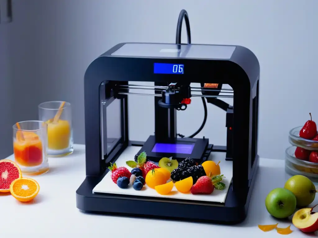 Un avanzado impresora 3D crea un postre seguro para alérgicos con frutas coloridas en una cocina moderna