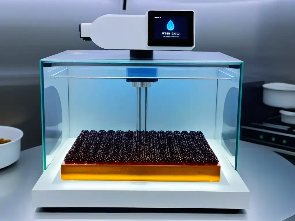 Un avanzado sistema de inteligencia artificial y una impresora 3D de postres crean un dulce detallado en una cocina futurista