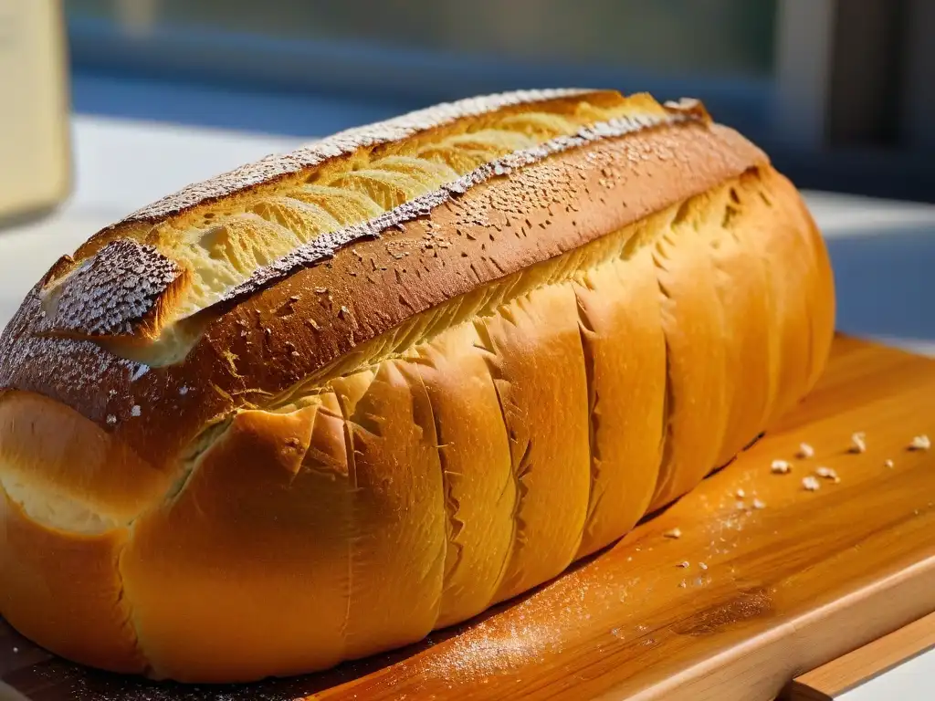 Una baguette dorada y crujiente sobre tabla de madera rústica, bañada por la luz del sol