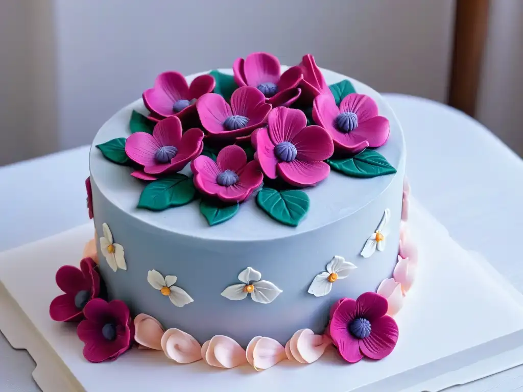 Baker modelando un bouquet de flores de fondant en tonos vibrantes, destacando la precisión y evolución del fondant