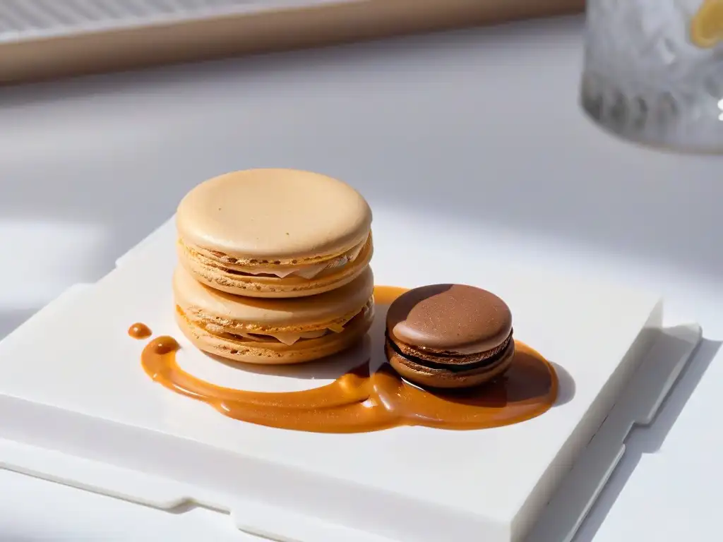 Un macaron balance salado-dulce en una elegante vajilla moderna, destilando la esencia de la repostería moderna