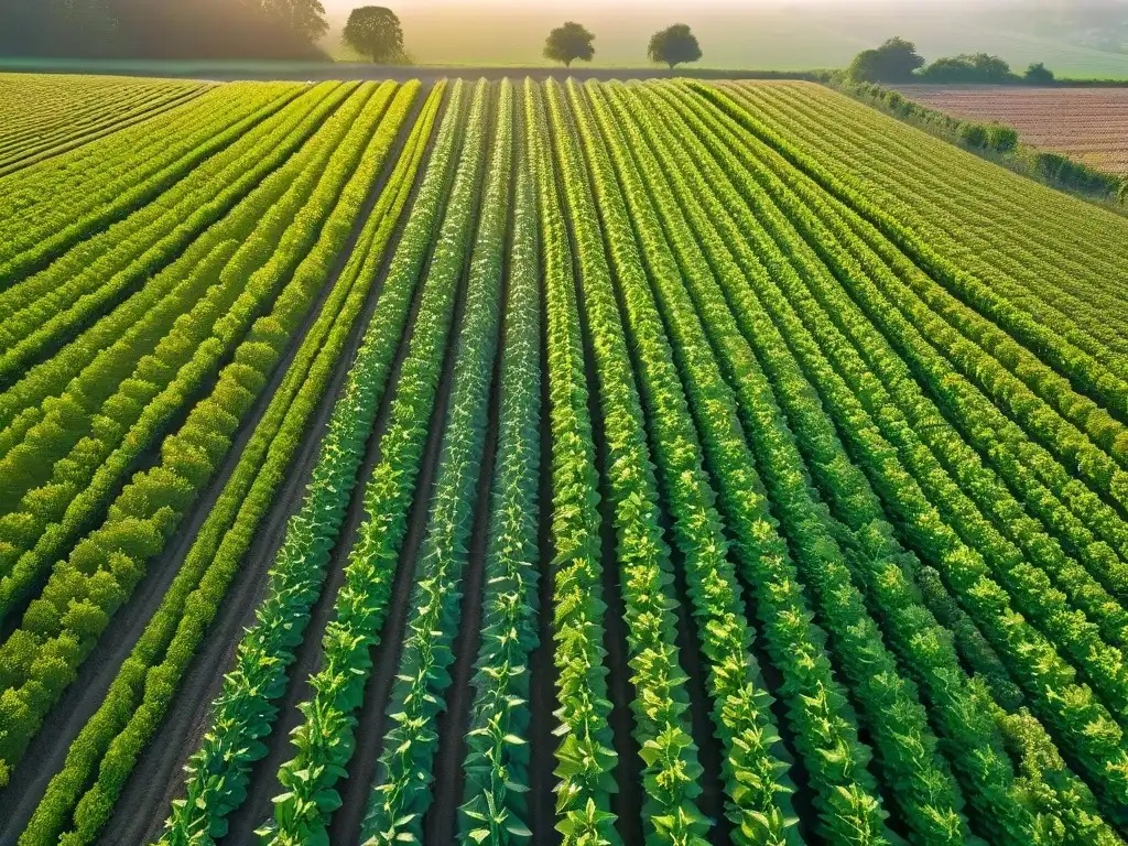 Plantación orgánica bañada por el sol con cultivos verdes vibrantes, ideal para ingredientes orgánicos en repostería gourmet