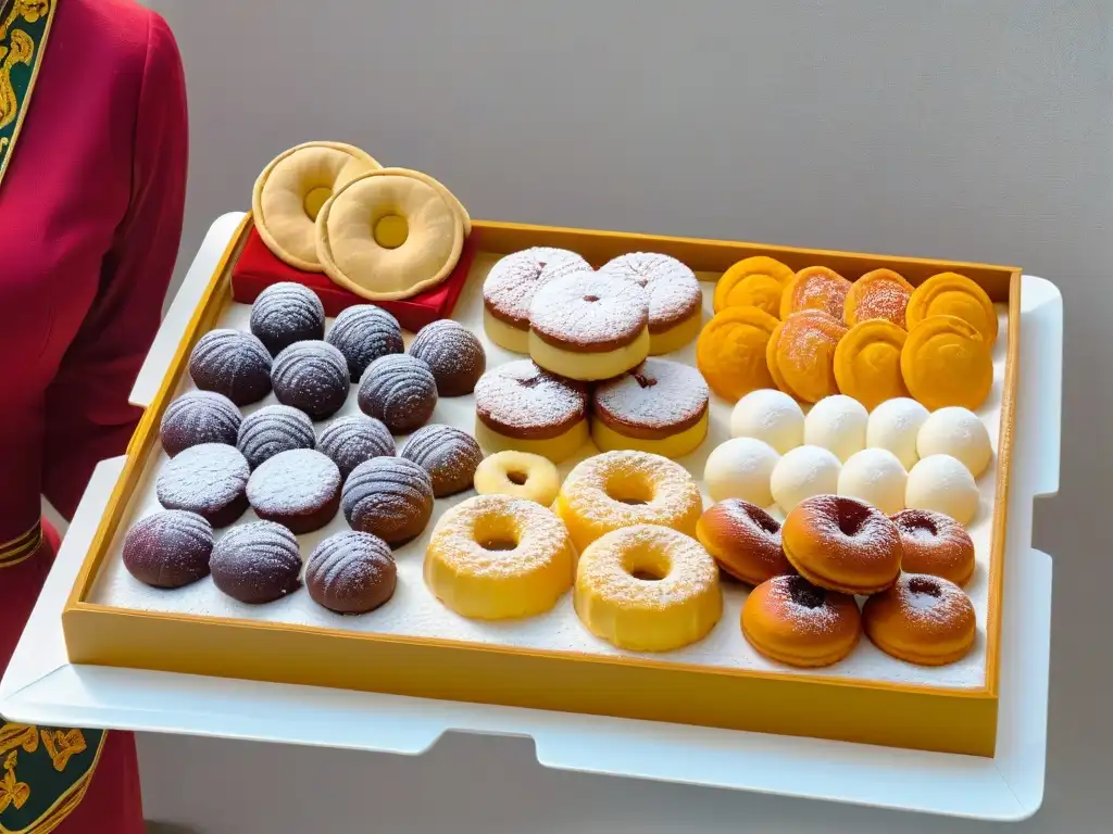 Una bandeja exquisitamente decorada con pasteles conventuales: polvorones, rosquillas y mazapanes