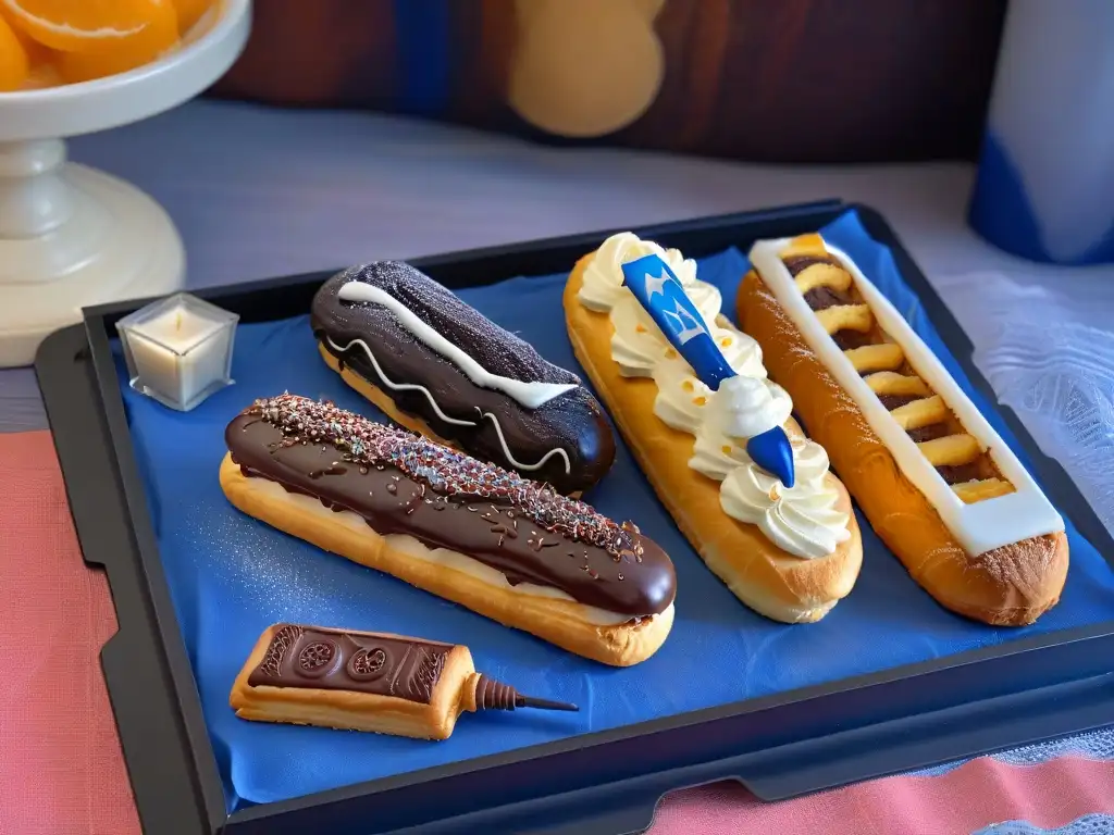 Una bandeja de eclairs inspirados en Doctor Who, detalladamente decorados con iconos de la serie