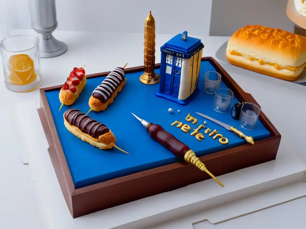 Una bandeja de eclairs inspirados en Doctor Who, detallados y deliciosos, adornados con elementos icónicos de la serie