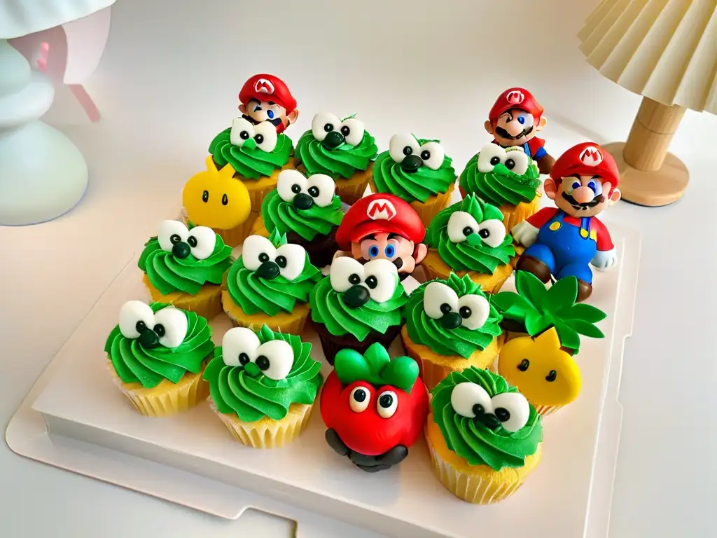 Una bandeja de exquisitas magdalenas temáticas de Super Mario, verdaderas obras de arte comestibles