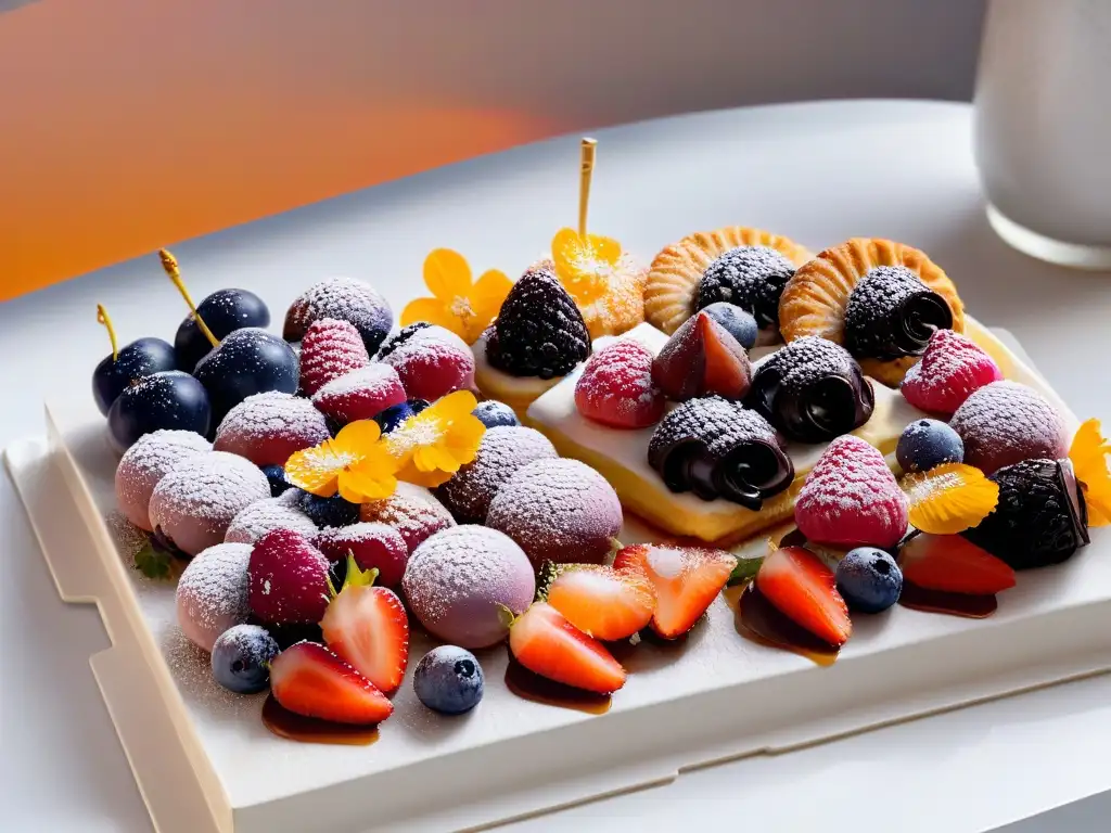 Una bandeja de exquisitos pasteles decorados con frutas y flores, listos para donar excedentes repostería alimentos