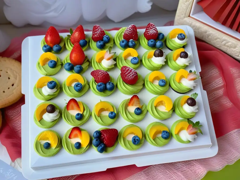 Una bandeja de postres saludables para niños: mini cheesecakes, mousse de aguacate y galletas de coco, decorados con frutas y flores comestibles sobre mármol blanco