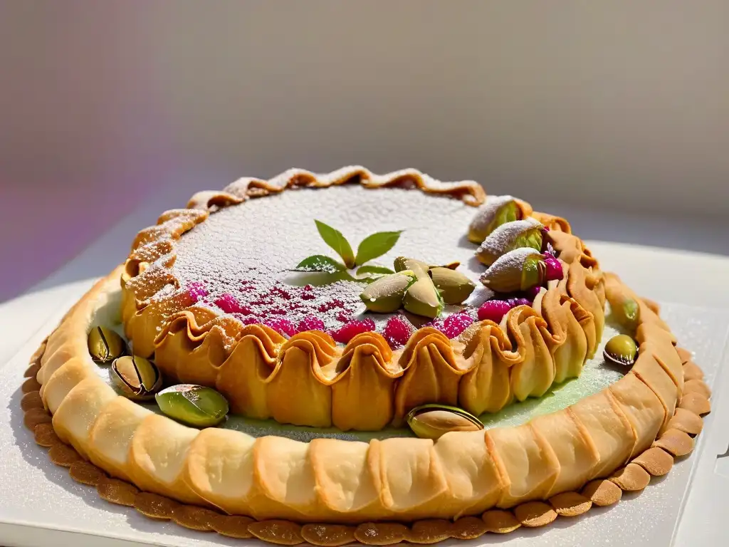 Una bandeja de postres tradicionales Eid Ramadán exquisitamente decorada con baklava, maamoul y kunafa, sobre una mesa de mármol blanco